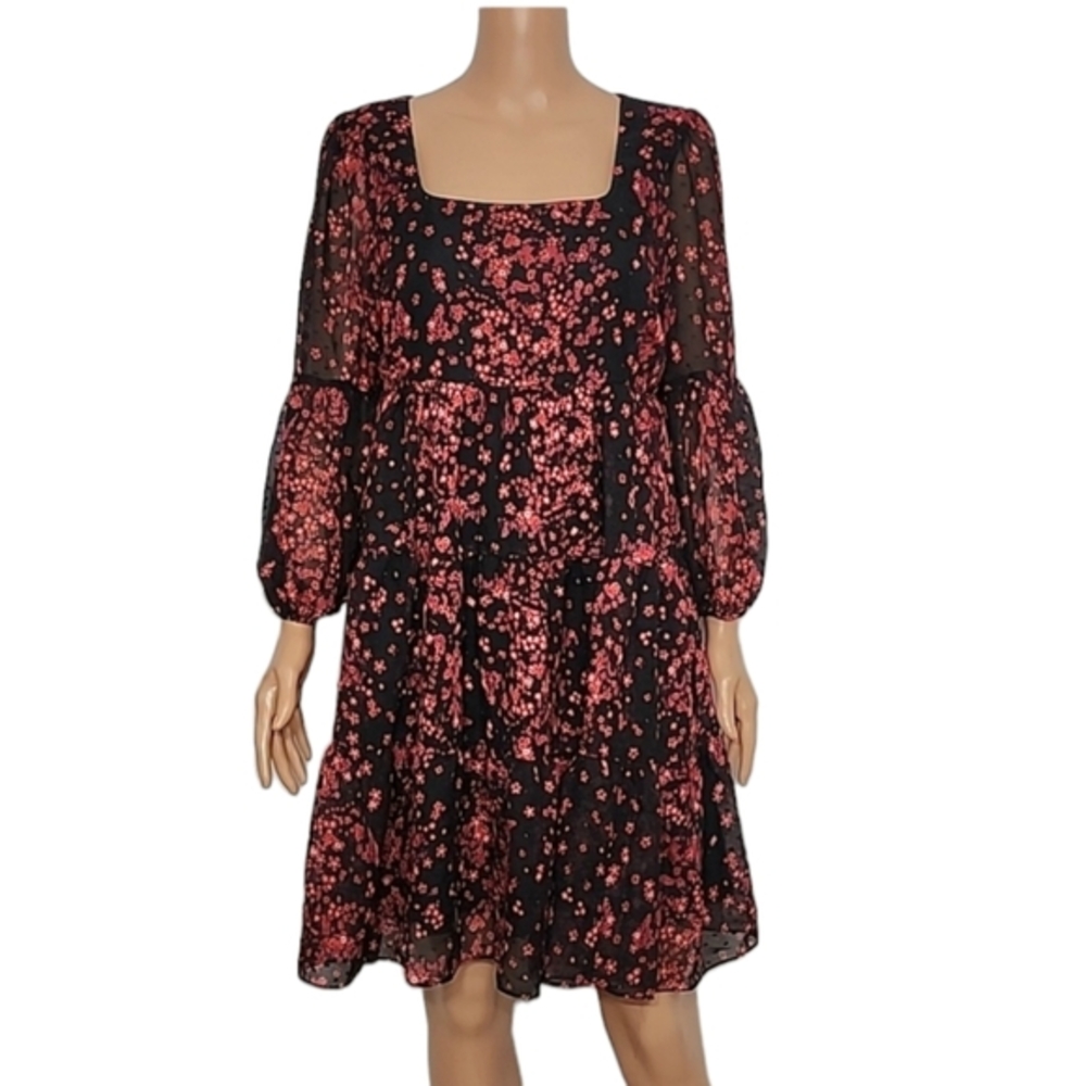 Maison Tara Long Sleeve Floral Chiffon Tiered Trapeze Red/Black Dress Size 10 M